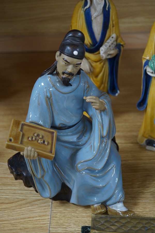 Four Chinese Sage figures and a metal model of the Parthenon, tallest 32cm. Condition - fair